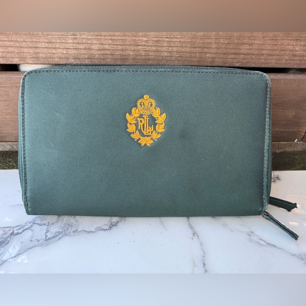 RLL Lauren Ralph Lauren Green Wallet Gold Crest Monogram Double Zipper